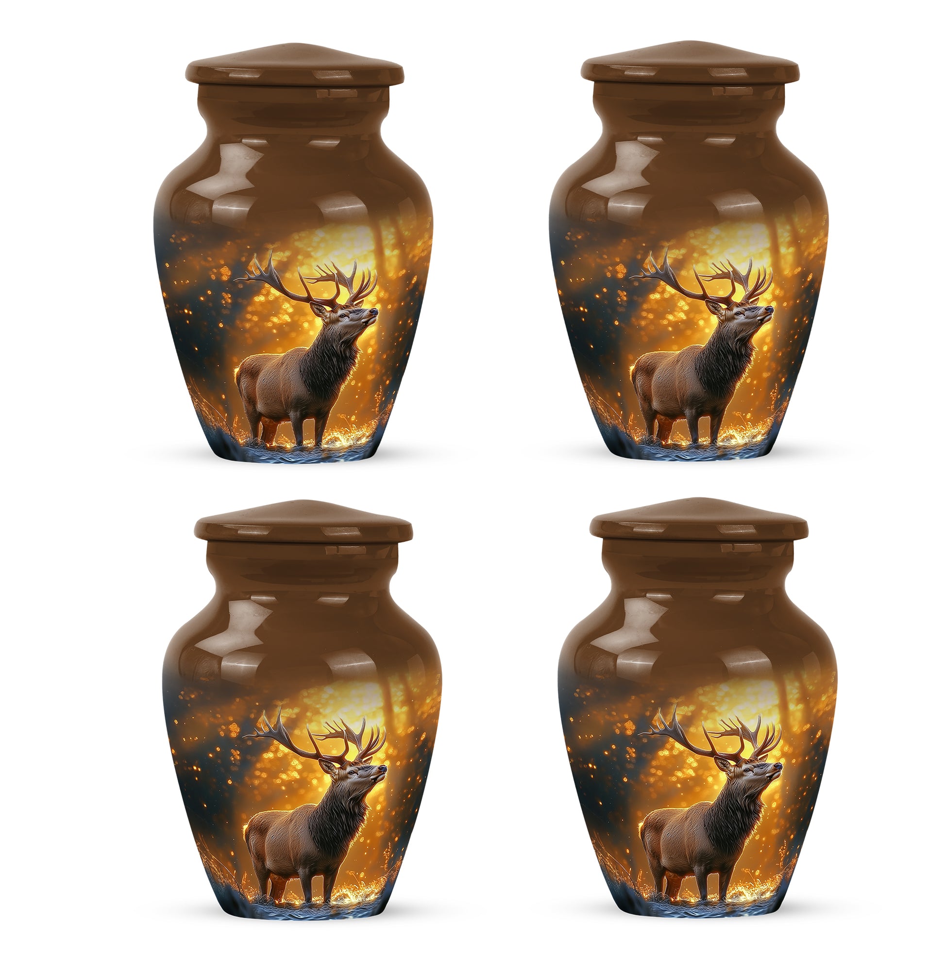Matte Gold Deer Cremation Urn side profile showing urn shape - traditional deer engraving with hand-polished finish - 10 inch aluminum urn for cremated remains