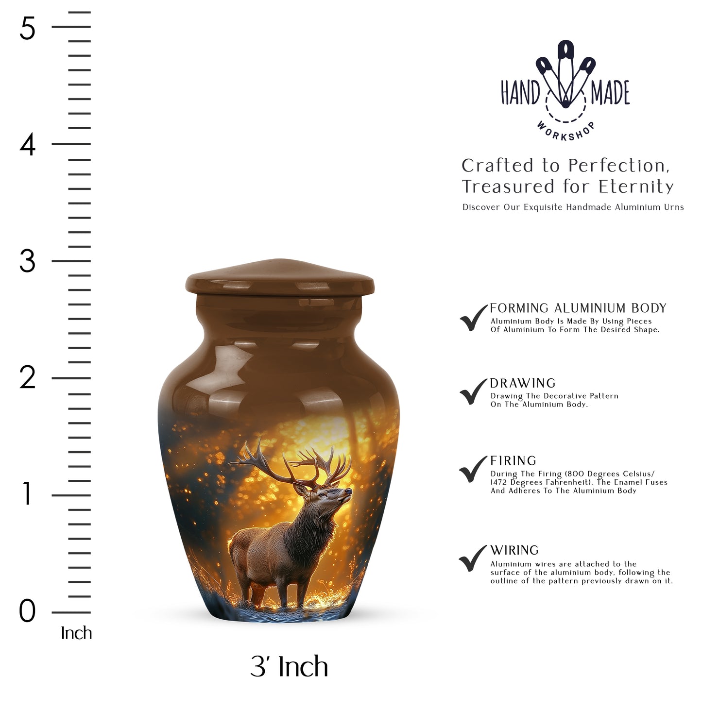 Gilded Gold Deer Cremation Urn close-up of engraving and surface detail - classic sculpted deer pattern on smooth aluminum - mini keepsake memorial for portion of cremation ashes