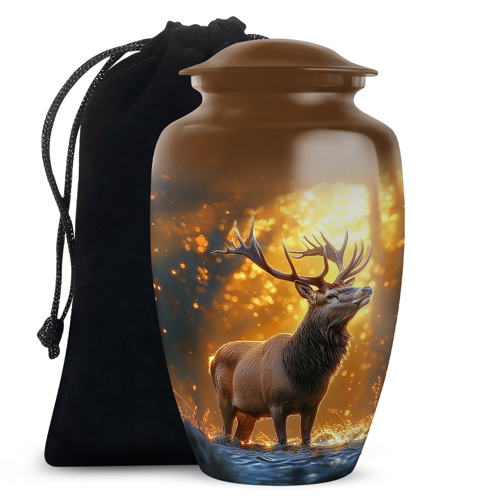 Gilded Gold Deer Cremation Urn angled view of lid and engraved motif - classic sculpted deer pattern on smooth aluminum - full-size 10 inch 200 cubic inch adult cremation urn