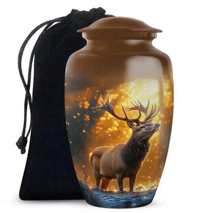 Gilded Gold Deer Cremation Urn angled view of lid and engraved motif - classic sculpted deer pattern on smooth aluminum - full-size 10 inch 200 cubic inch adult cremation urn