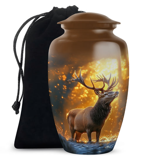 Gilded Gold Deer Cremation Urn angled view of lid and engraved motif - classic sculpted deer pattern on smooth aluminum - full-size 10 inch 200 cubic inch adult cremation urn