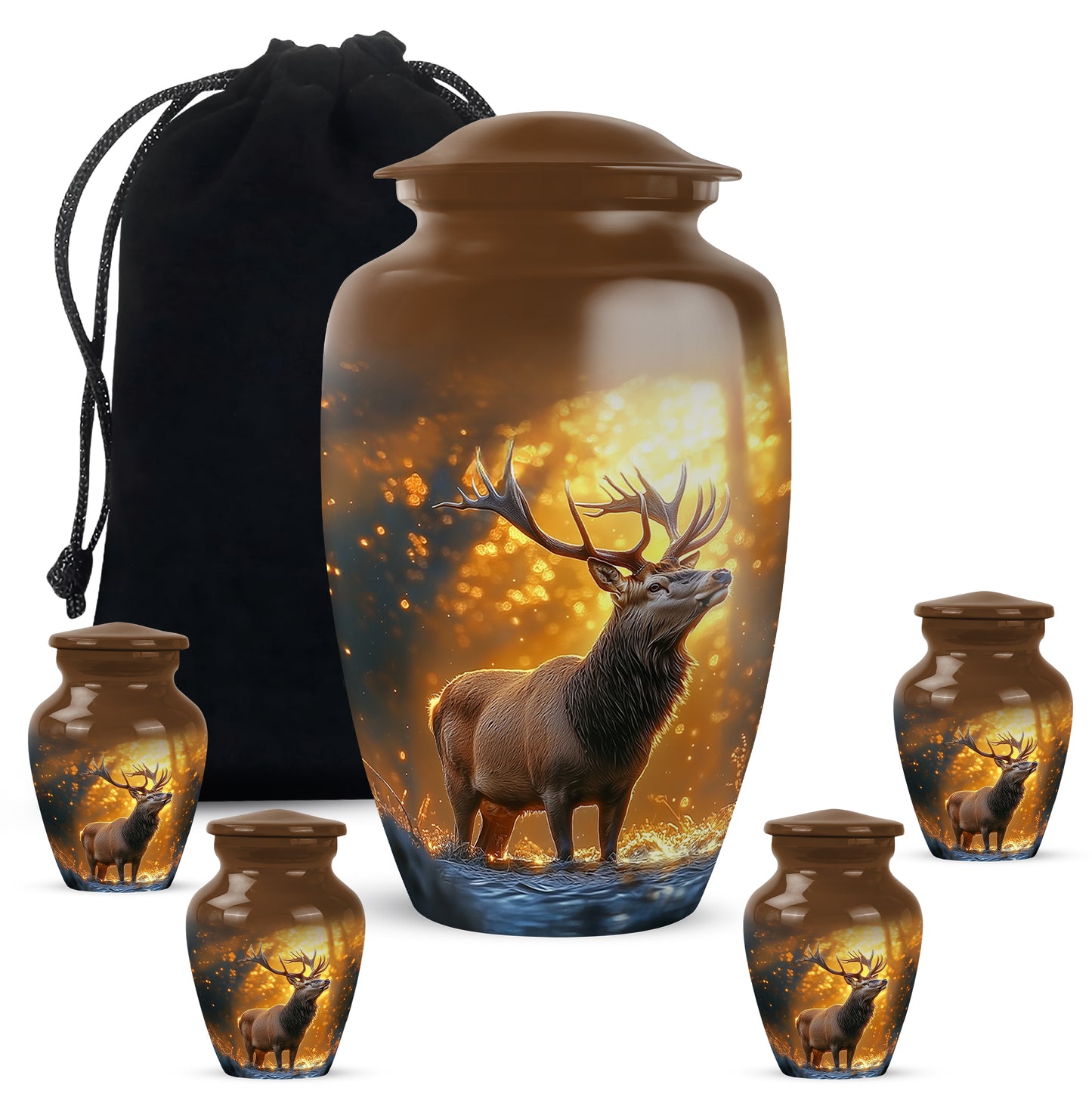Harvest Gold Deer Cremation Urn top-down view of secure threaded lid - traditional deer engraving with hand-polished finish - memorial set with one large and four small urns