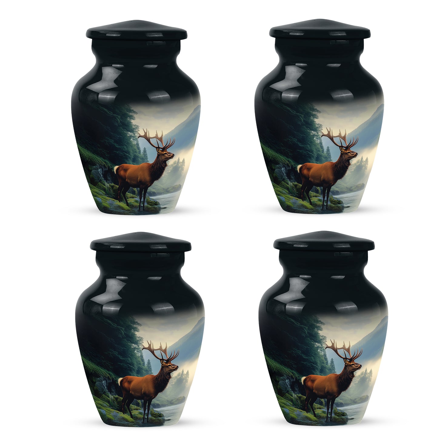 Twilight Blue Deer Cremation Urn side profile showing urn shape - elegant classic deer relief with fine detailing - 10 inch aluminum urn for cremated remains