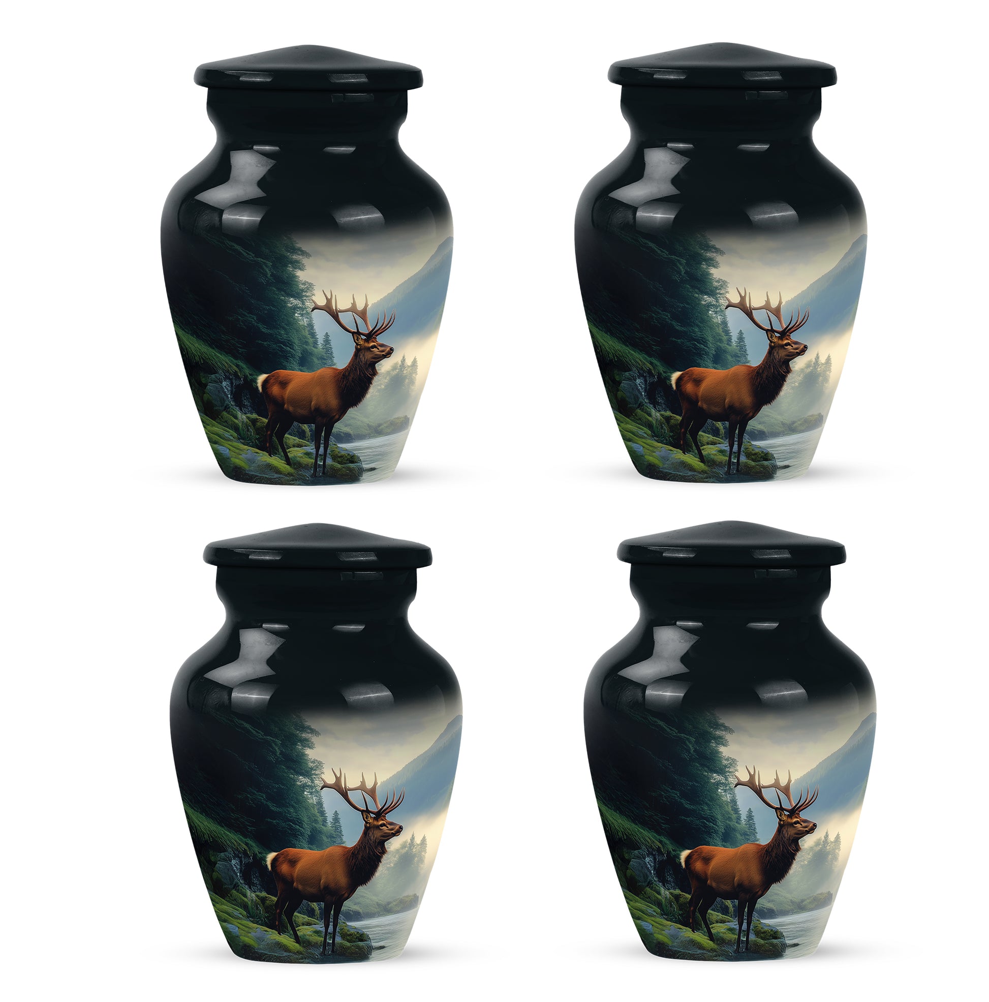 Twilight Blue Deer Cremation Urn side profile showing urn shape - elegant classic deer relief with fine detailing - 10 inch aluminum urn for cremated remains