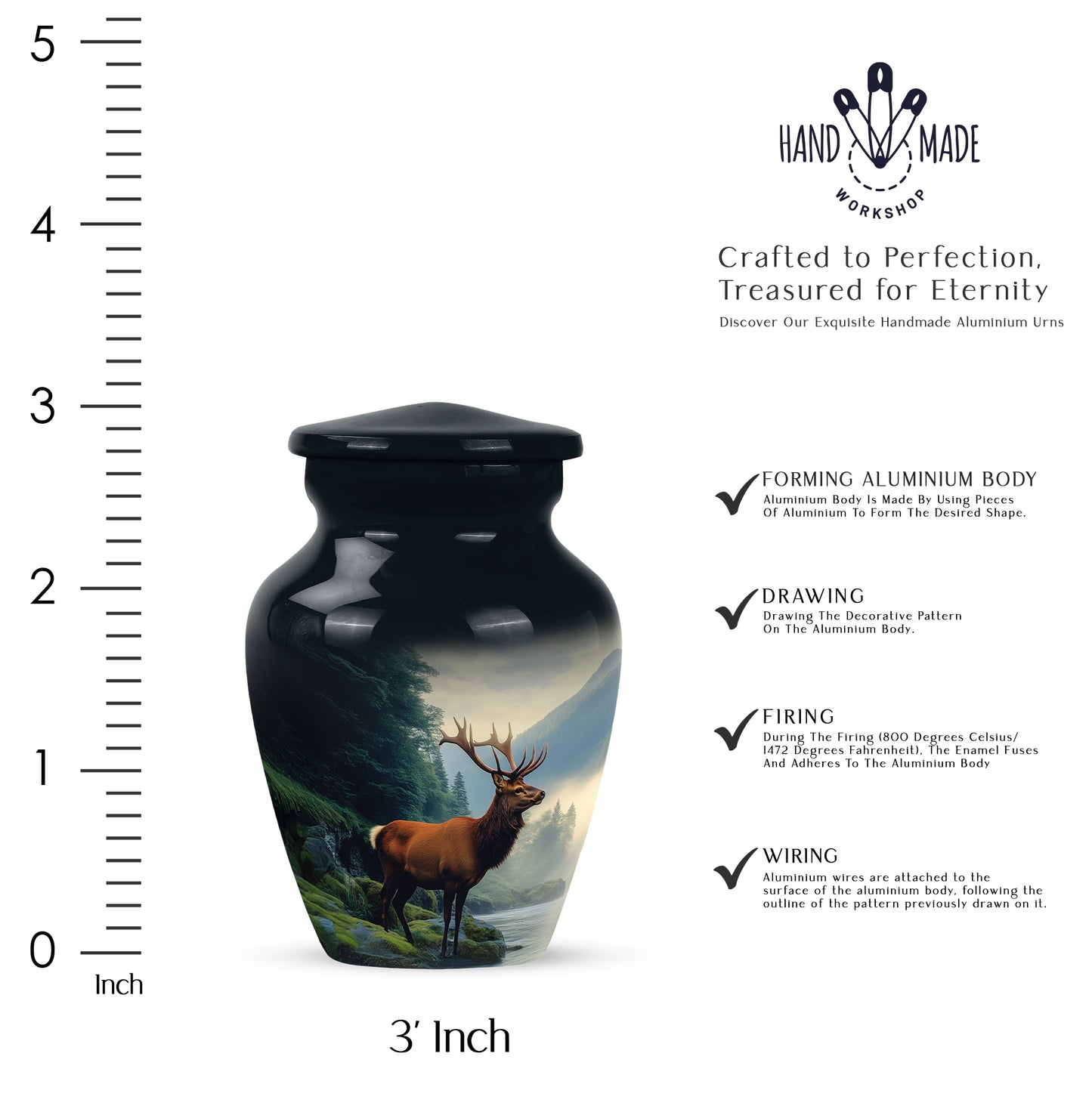Slate Blue Deer Cremation Urn close-up of engraving and surface detail - timeless deer motif etched into premium metal - mini keepsake memorial for portion of cremation ashes