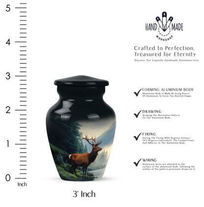 Slate Blue Deer Cremation Urn close-up of engraving and surface detail - timeless deer motif etched into premium metal - mini keepsake memorial for portion of cremation ashes
