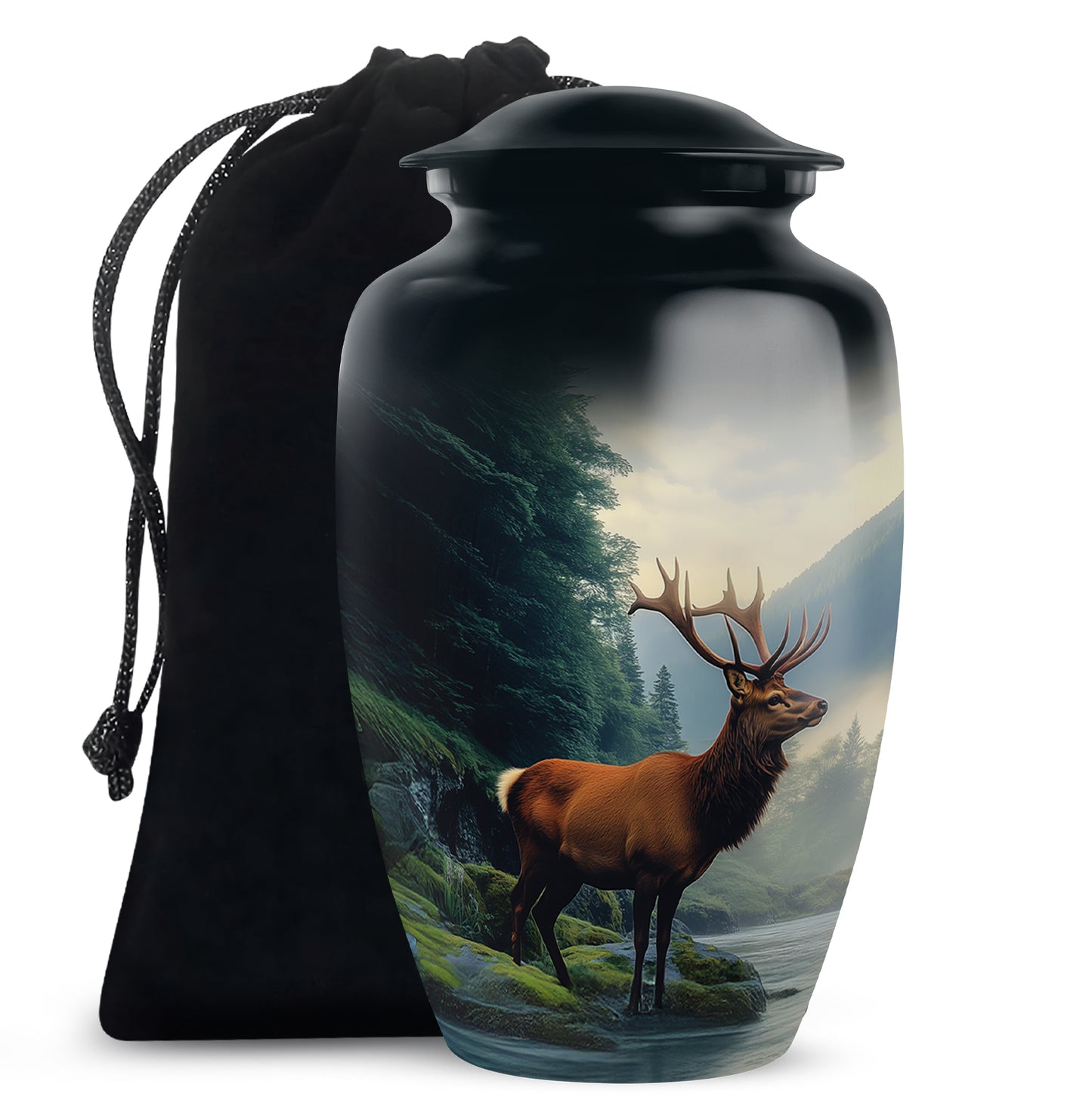 Twilight Blue Deer Cremation Urn angled view of lid and engraved motif - elegant classic deer relief with fine detailing - full-size 10 inch 200 cubic inch adult cremation urn