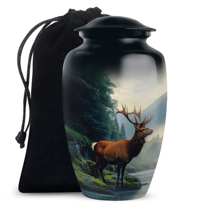 Twilight Blue Deer Cremation Urn angled view of lid and engraved motif - elegant classic deer relief with fine detailing - full-size 10 inch 200 cubic inch adult cremation urn