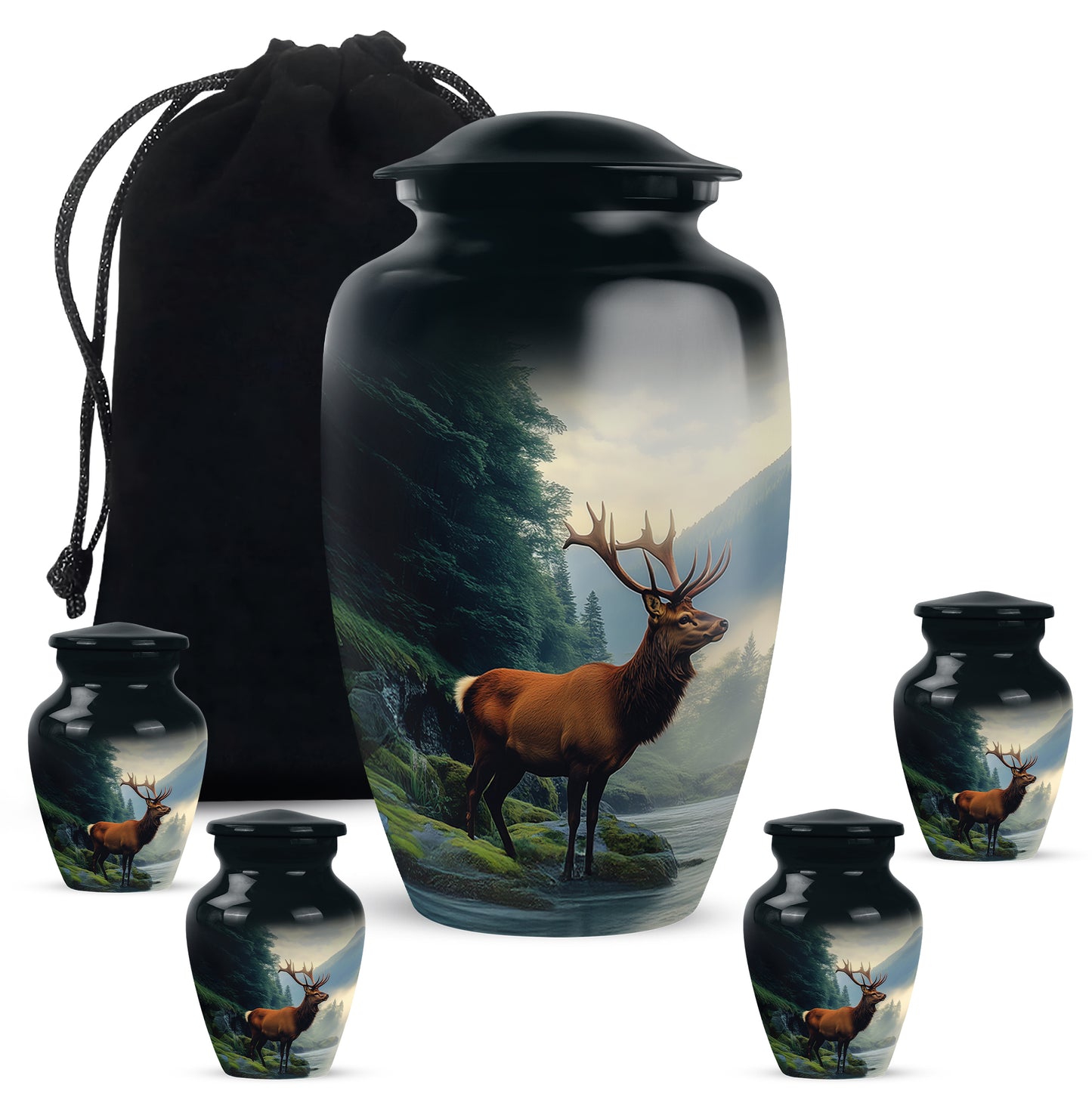 Indigo Deer Cremation Urn top-down view of secure threaded lid - timeless deer motif etched into premium metal - memorial set with one large and four small urns