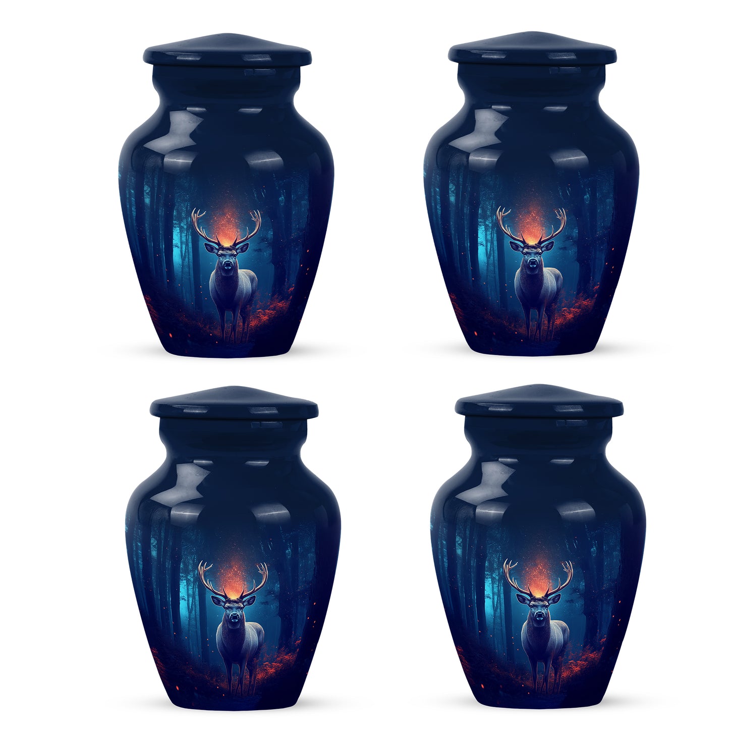 Cobalt Blue Deer Cremation Urn side profile showing urn shape - traditional deer engraving with hand-polished finish - 10 inch aluminum urn for cremated remains