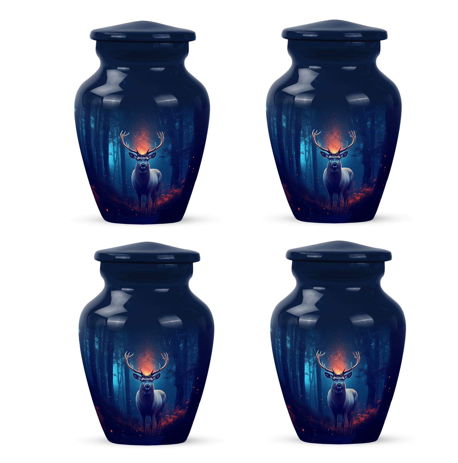 Cobalt Blue Deer Cremation Urn side profile showing urn shape - traditional deer engraving with hand-polished finish - 10 inch aluminum urn for cremated remains