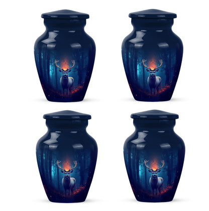 Cobalt Blue Deer Cremation Urn side profile showing urn shape - traditional deer engraving with hand-polished finish - 10 inch aluminum urn for cremated remains