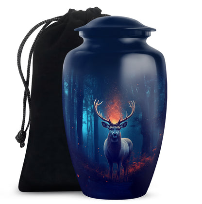 Icy Blue Deer Cremation Urn angled view of lid and engraved motif - classic sculpted deer pattern on smooth aluminum - full-size 10 inch 200 cubic inch adult cremation urn