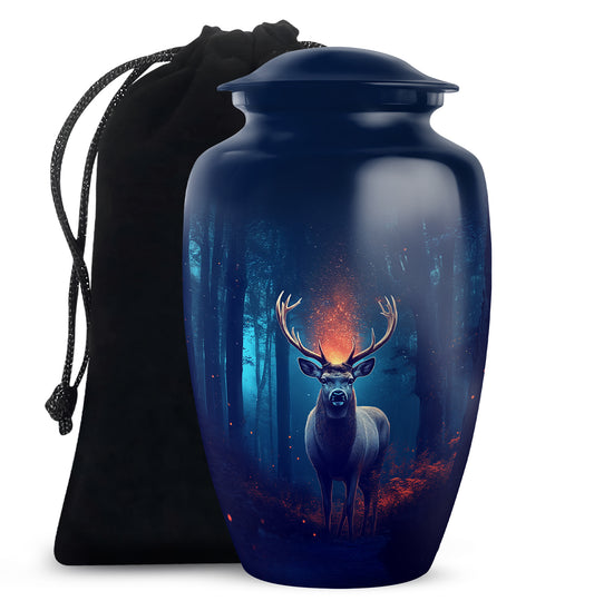 Icy Blue Deer Cremation Urn angled view of lid and engraved motif - classic sculpted deer pattern on smooth aluminum - full-size 10 inch 200 cubic inch adult cremation urn
