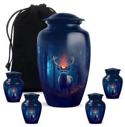 Steel Blue Deer Cremation Urn top-down view of secure threaded lid - elegant classic deer relief with fine detailing - memorial set with one large and four small urns