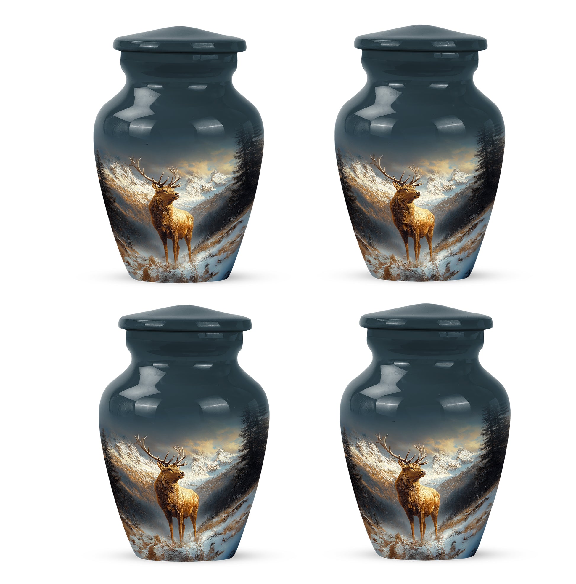 Dusty Blue Deer Cremation Urn side profile showing urn shape - classic sculpted deer pattern on smooth aluminum - 10 inch aluminum urn for cremated remains