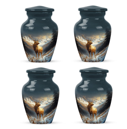 Dusty Blue Deer Cremation Urn side profile showing urn shape - classic sculpted deer pattern on smooth aluminum - 10 inch aluminum urn for cremated remains