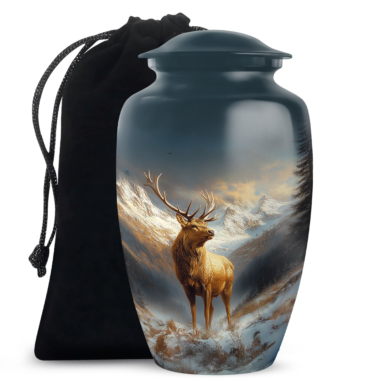 Cobalt Blue Deer Cremation Urn angled view of lid and engraved motif - traditional deer engraving with hand-polished finish - full-size 10 inch 200 cubic inch adult cremation urn