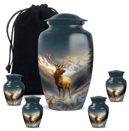 Powder Blue Deer Cremation Urn top-down view of secure threaded lid - timeless deer motif etched into premium metal - memorial set with one large and four small urns