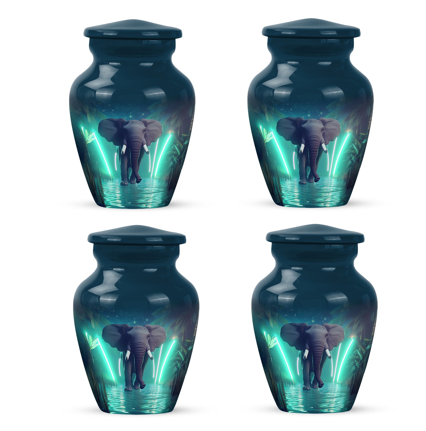 Navy Blue Elephant Cremation Urn side profile showing urn shape - timeless elephant motif etched into premium metal - 10 inch aluminum urn for cremated remains