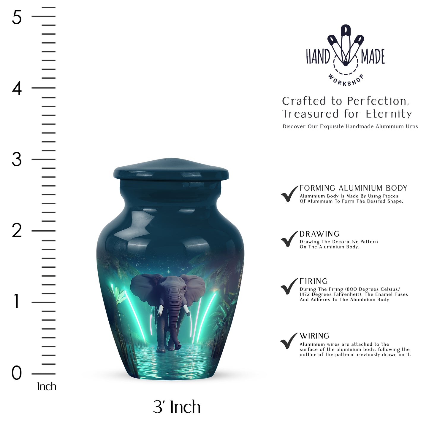 Bright Blue Elephant Cremation Urn close-up of engraving and surface detail - traditional elephant engraving with hand-polished finish - mini keepsake memorial for portion of cremation ashes