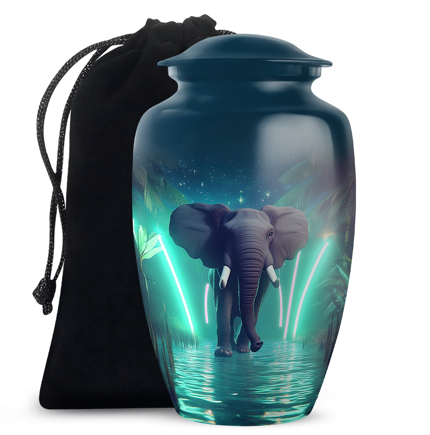 Soft Blue Elephant Cremation Urn angled view of lid and engraved motif - elegant classic elephant relief with fine detailing - full-size 10 inch 200 cubic inch adult cremation urn