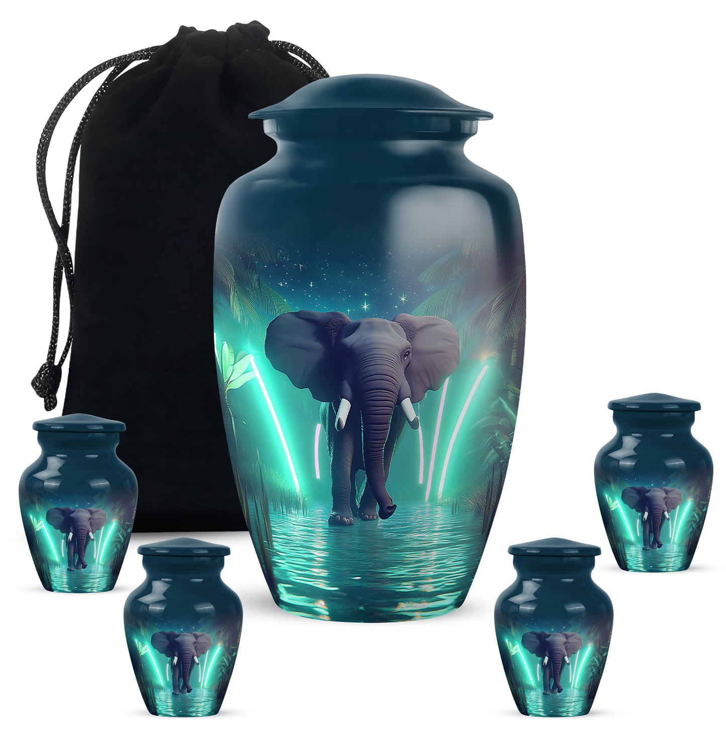 Pastel Blue Elephant Cremation Urn top-down view of secure threaded lid - timeless elephant motif etched into premium metal - memorial set with one large and four small urns