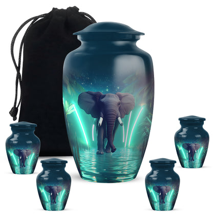 Pastel Blue Elephant Cremation Urn top-down view of secure threaded lid - timeless elephant motif etched into premium metal - memorial set with one large and four small urns