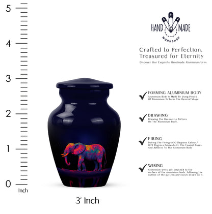 Icy Blue Elephant Cremation Urn close-up of engraving and surface detail - classic sculpted elephant pattern on smooth aluminum - mini keepsake memorial for portion of cremation ashes