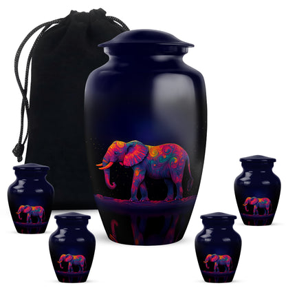 Icy Blue Elephant Cremation Urn top-down view of secure threaded lid - classic sculpted elephant pattern on smooth aluminum - memorial set with one large and four small urns