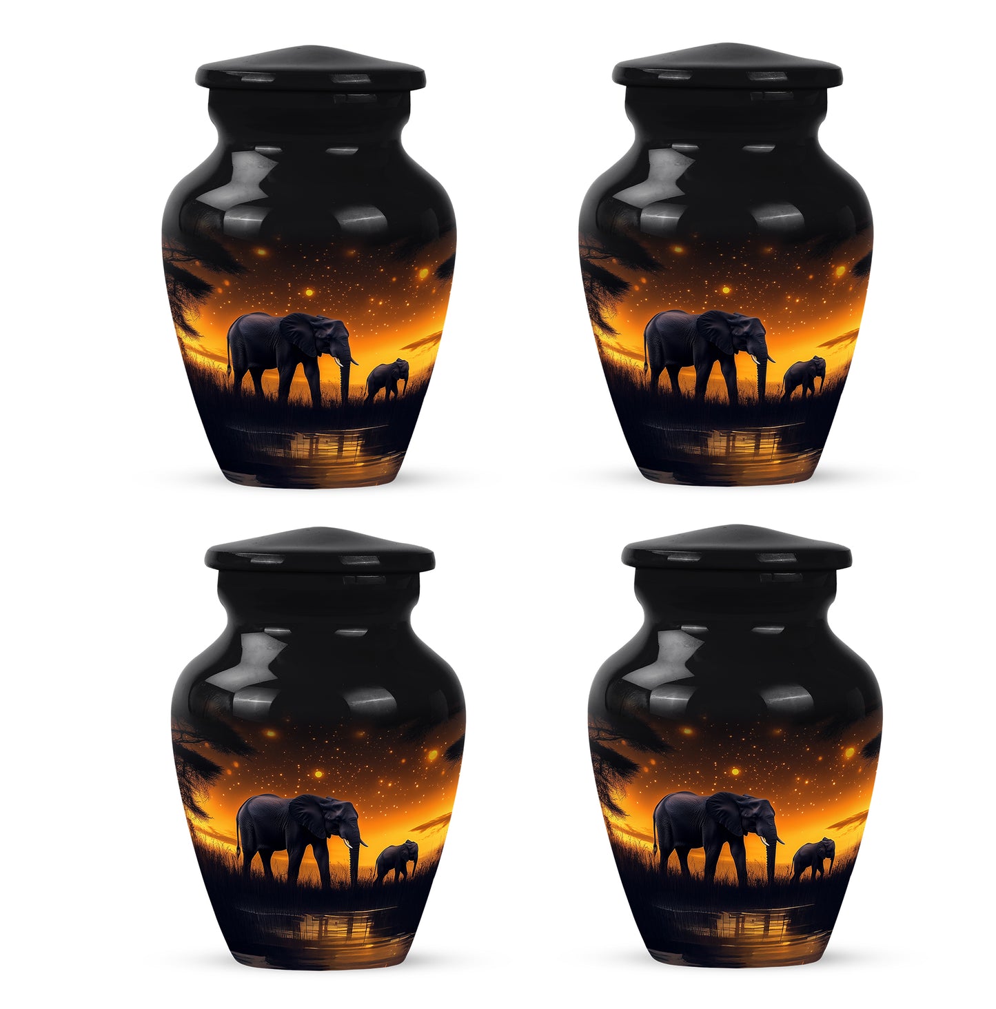 Dark Black Elephant Cremation Urn side profile showing urn shape - traditional elephant engraving with hand-polished finish - 10 inch aluminum urn for cremated remains