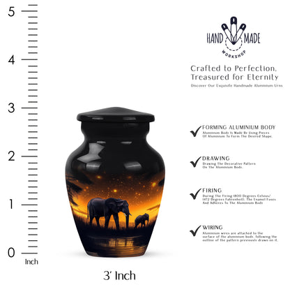 Dark Black Elephant Cremation Urn close-up of engraving and surface detail - traditional elephant engraving with hand-polished finish - mini keepsake memorial for portion of cremation ashes