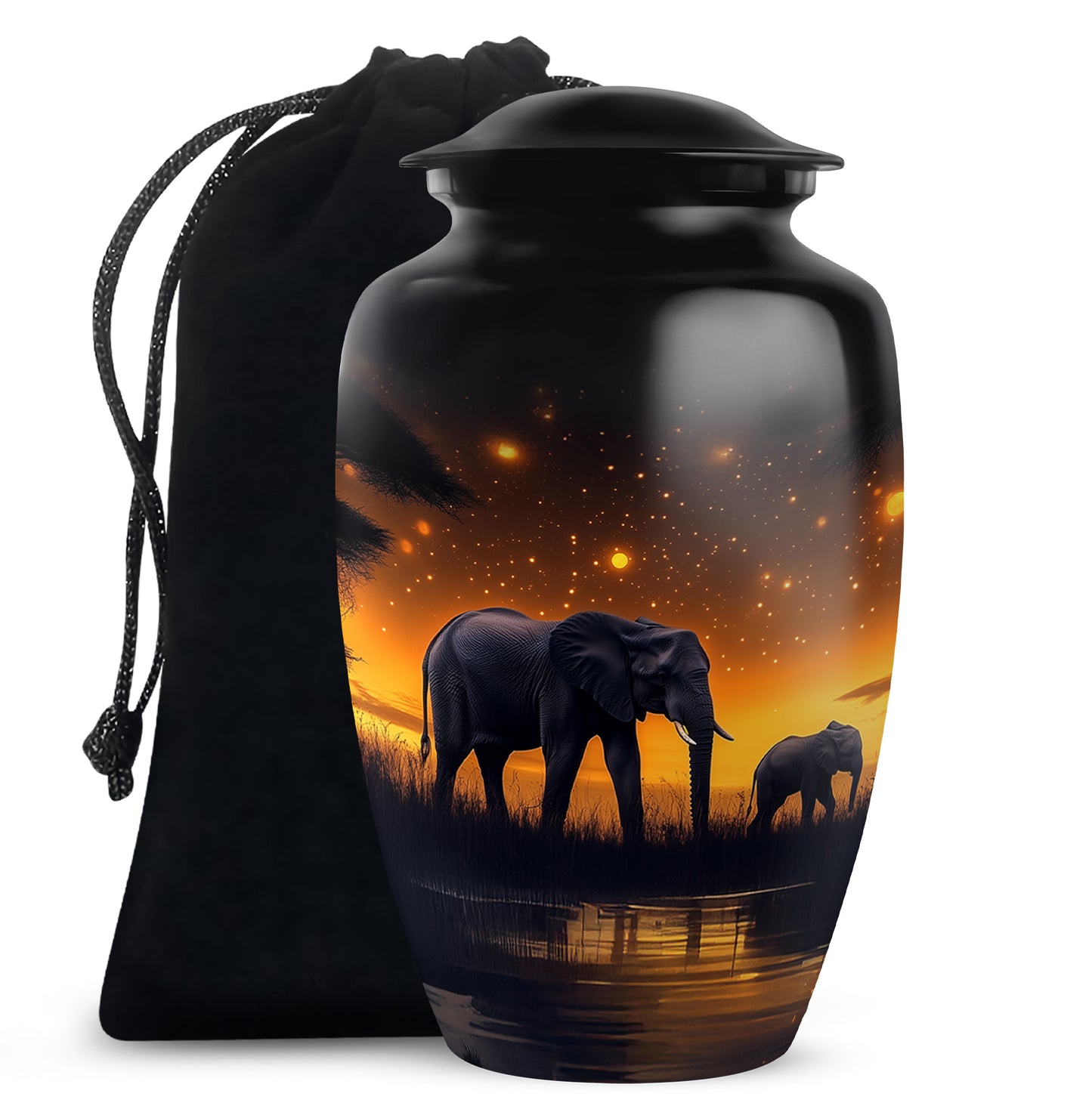 Ebony Elephant Cremation Urn angled view of lid and engraved motif - classic sculpted elephant pattern on smooth aluminum - full-size 10 inch 200 cubic inch adult cremation urn
