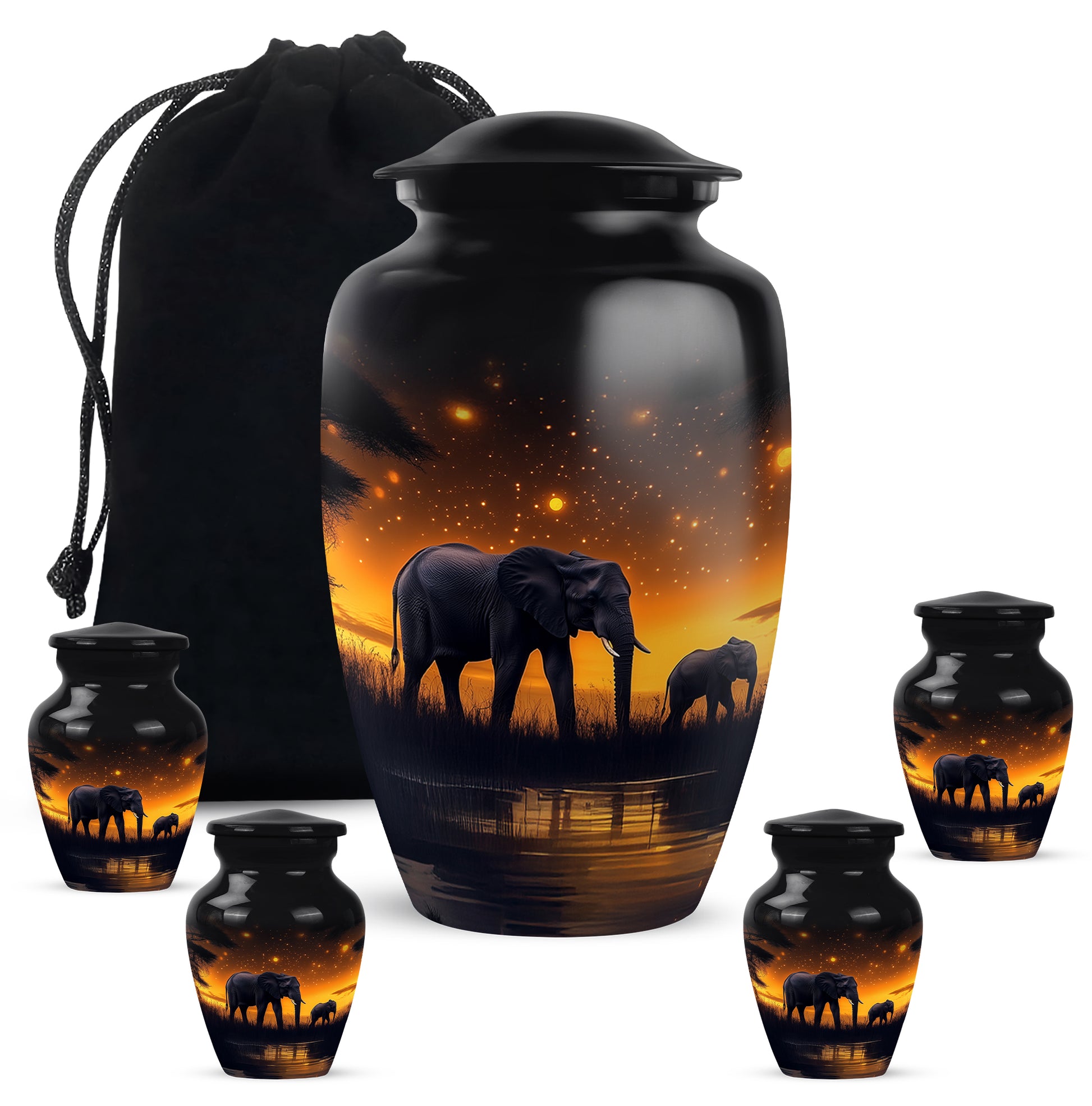 Rich Black Elephant Cremation Urn top-down view of secure threaded lid - classic sculpted elephant pattern on smooth aluminum - memorial set with one large and four small urns