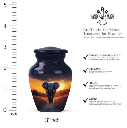 Steel Blue Elephant Cremation Urn close-up of engraving and surface detail - elegant classic elephant relief with fine detailing - mini keepsake memorial for portion of cremation ashes