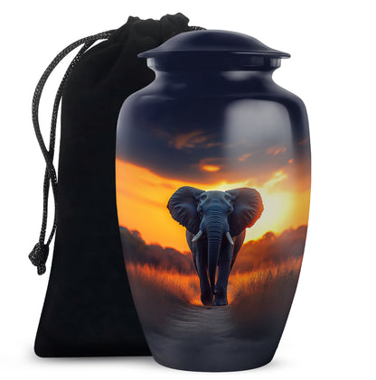Powder Blue Elephant Cremation Urn angled view of lid and engraved motif - timeless elephant motif etched into premium metal - full-size 10 inch 200 cubic inch adult cremation urn