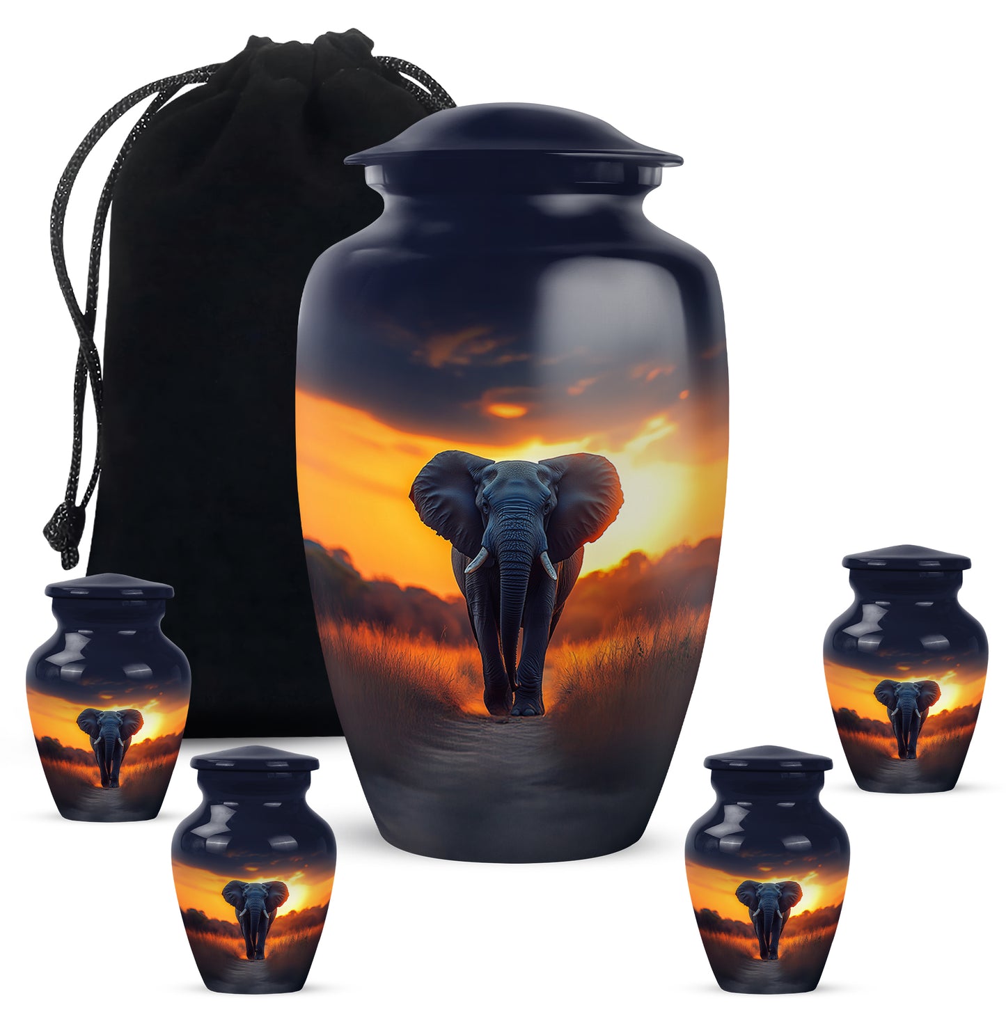 Bright Blue Elephant Cremation Urn top-down view of secure threaded lid - traditional elephant engraving with hand-polished finish - memorial set with one large and four small urns