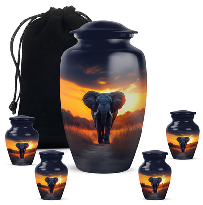 Bright Blue Elephant Cremation Urn top-down view of secure threaded lid - traditional elephant engraving with hand-polished finish - memorial set with one large and four small urns