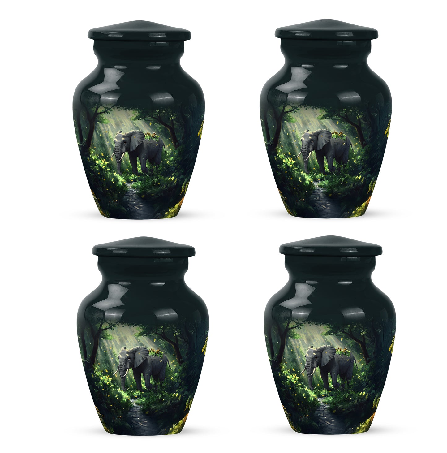 Ocean Teal Elephant Cremation Urn side profile showing urn shape - timeless elephant motif etched into premium metal - 10 inch aluminum urn for cremated remains