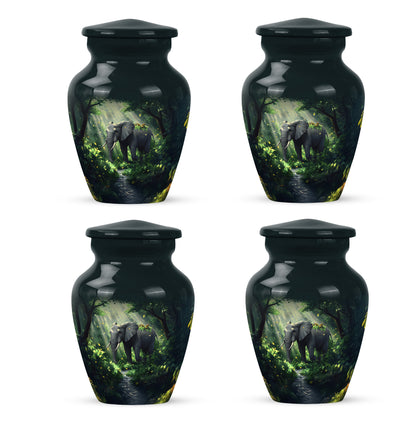 Ocean Teal Elephant Cremation Urn side profile showing urn shape - timeless elephant motif etched into premium metal - 10 inch aluminum urn for cremated remains