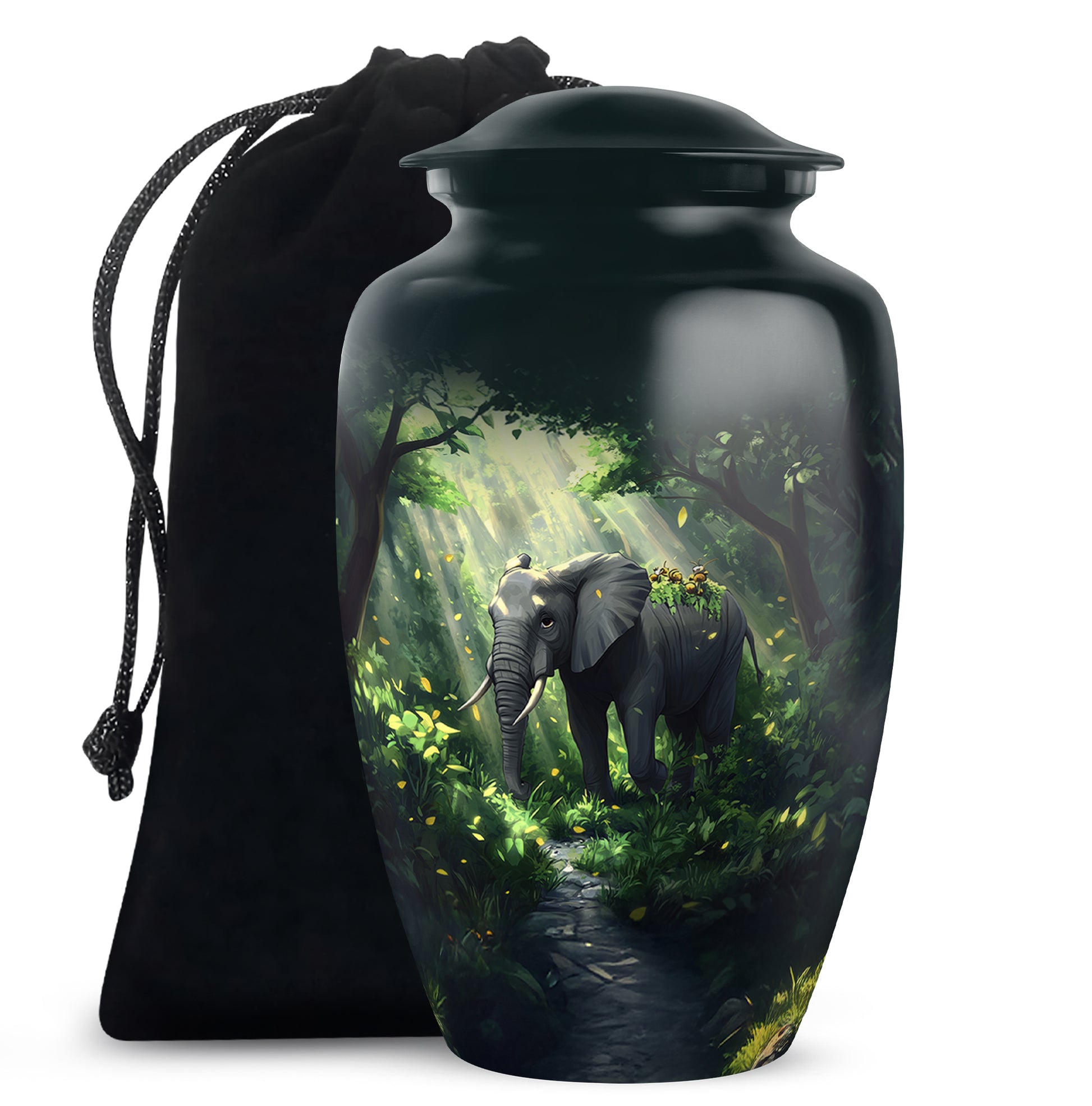 Sea Green Teal Elephant Cremation Urn angled view of lid and engraved motif - timeless elephant motif etched into premium metal - full-size 10 inch 200 cubic inch adult cremation urn