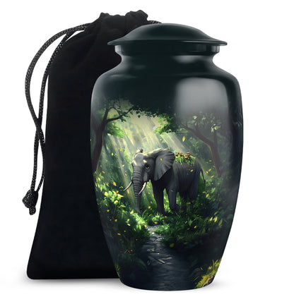 Sea Green Teal Elephant Cremation Urn angled view of lid and engraved motif - timeless elephant motif etched into premium metal - full-size 10 inch 200 cubic inch adult cremation urn