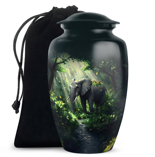 Sea Green Teal Elephant Cremation Urn angled view of lid and engraved motif - timeless elephant motif etched into premium metal - full-size 10 inch 200 cubic inch adult cremation urn