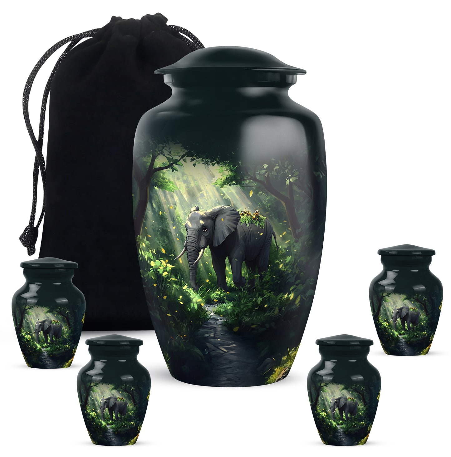 Vivid Teal Elephant Cremation Urn top-down view of secure threaded lid - elegant classic elephant relief with fine detailing - memorial set with one large and four small urns