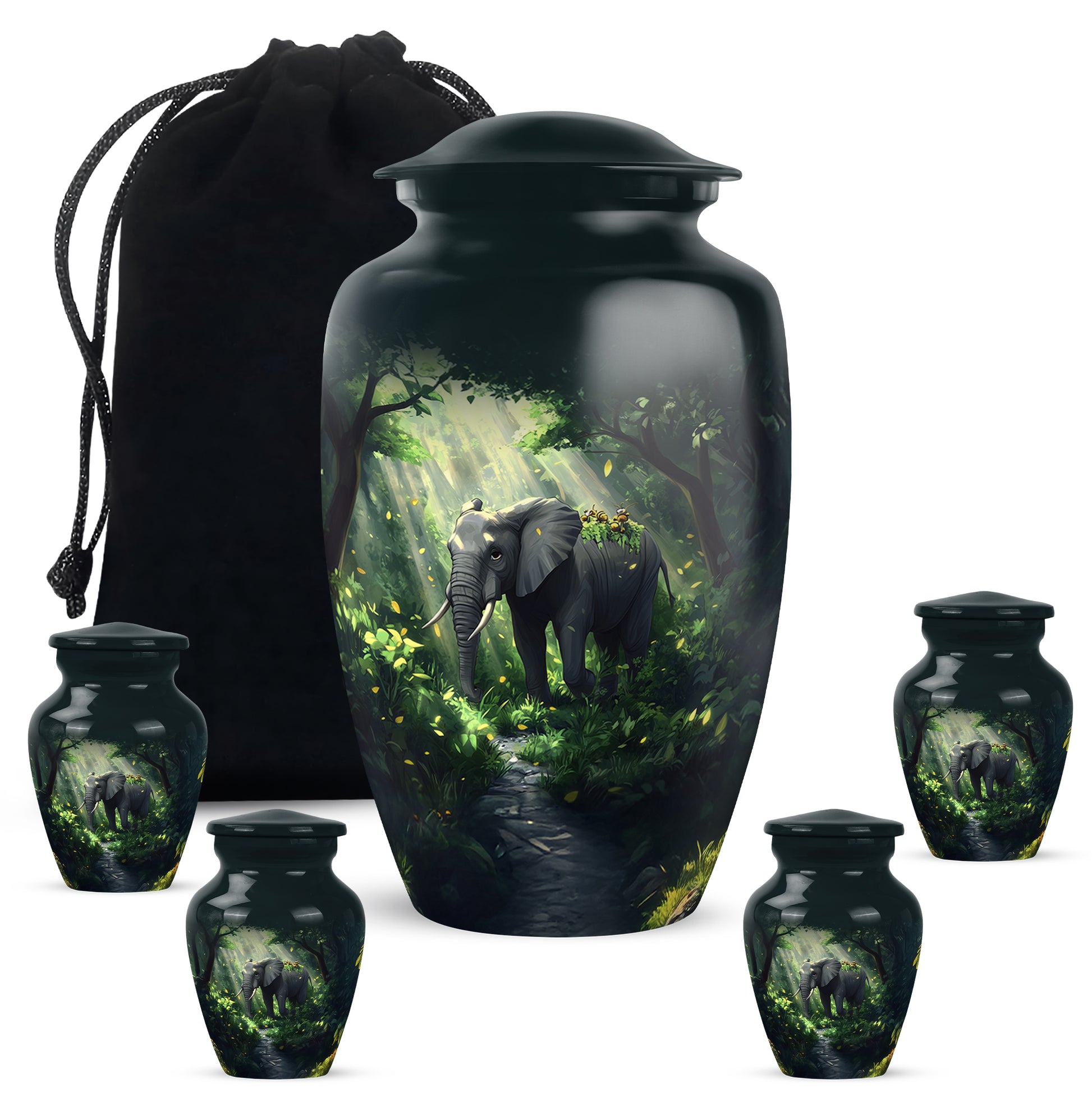Vivid Teal Elephant Cremation Urn top-down view of secure threaded lid - elegant classic elephant relief with fine detailing - memorial set with one large and four small urns