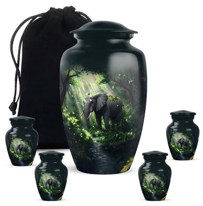 Vivid Teal Elephant Cremation Urn top-down view of secure threaded lid - elegant classic elephant relief with fine detailing - memorial set with one large and four small urns