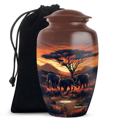 Rich Red Elephant Cremation Urn angled view of lid and engraved motif - elegant classic elephant relief with fine detailing - full-size 10 inch 200 cubic inch adult cremation urn