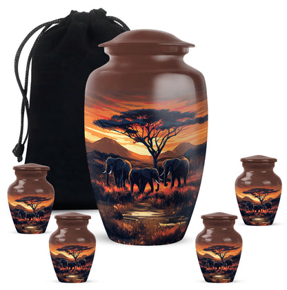 Garnet Red Elephant Cremation Urn top-down view of secure threaded lid - timeless elephant motif etched into premium metal - memorial set with one large and four small urns