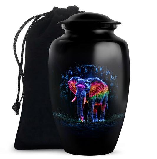 Onyx Black Elephant Cremation Urn angled view of lid and engraved motif - traditional elephant engraving with hand-polished finish - full-size 10 inch 200 cubic inch adult cremation urn