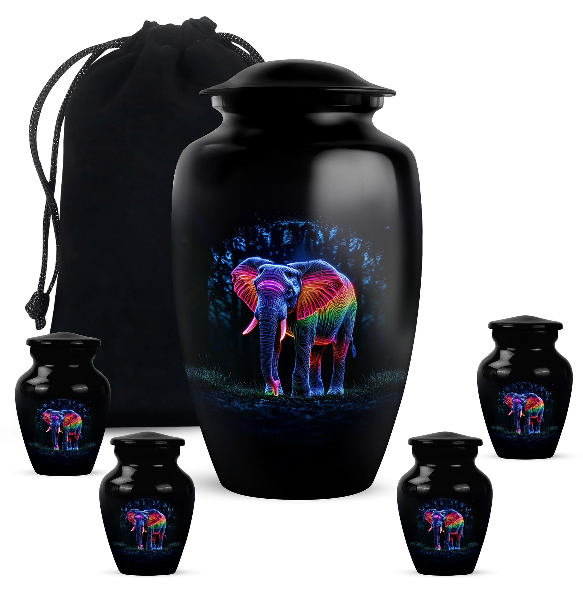 Dark Black Elephant Cremation Urn top-down view of secure threaded lid - traditional elephant engraving with hand-polished finish - memorial set with one large and four small urns